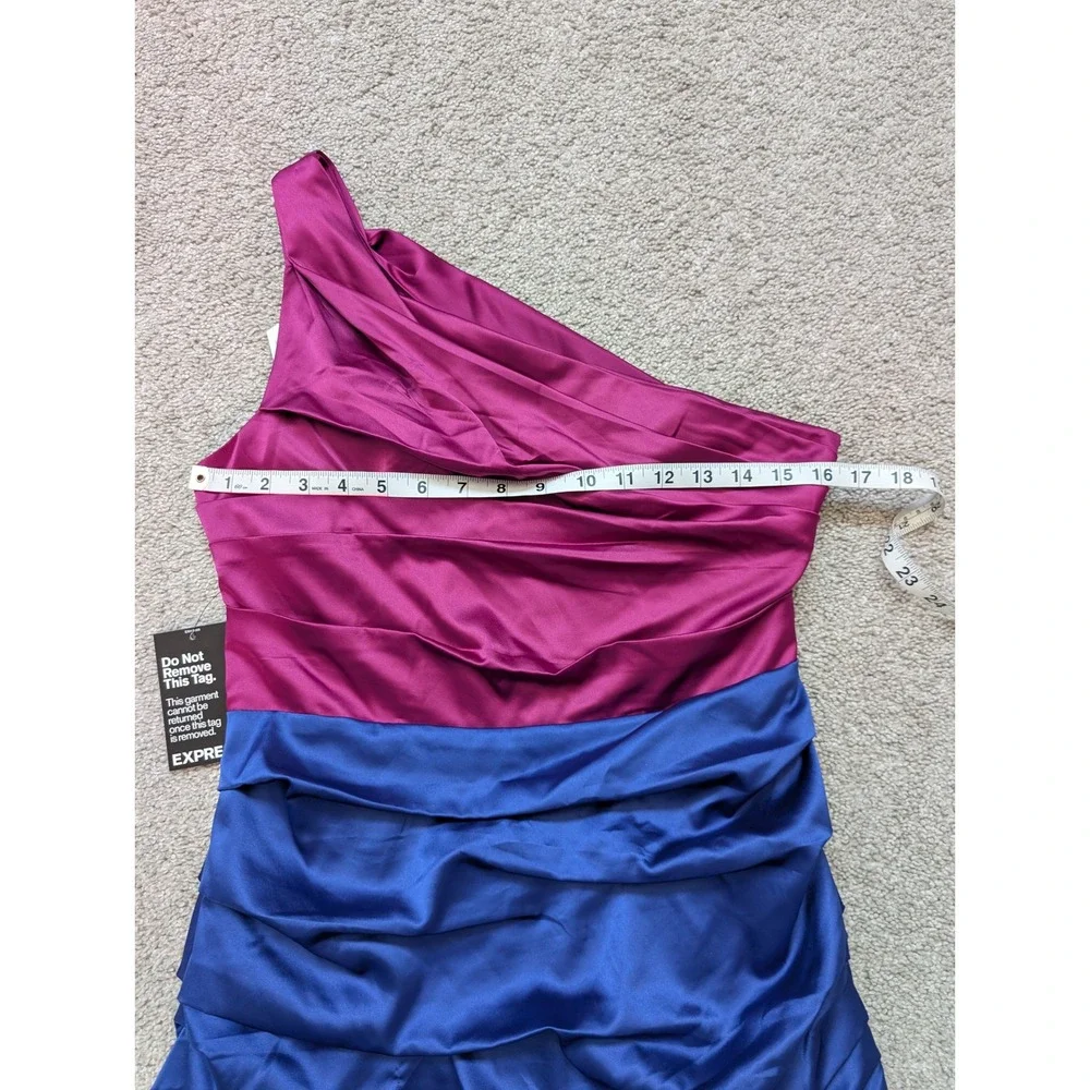 NWT Express One Shoulder Dress Women 10 Magenta Blue Ruched Color Block Mini